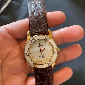 COVER Swiss Made, Water resistant, Gold and Crystal with Brown Leather Strap